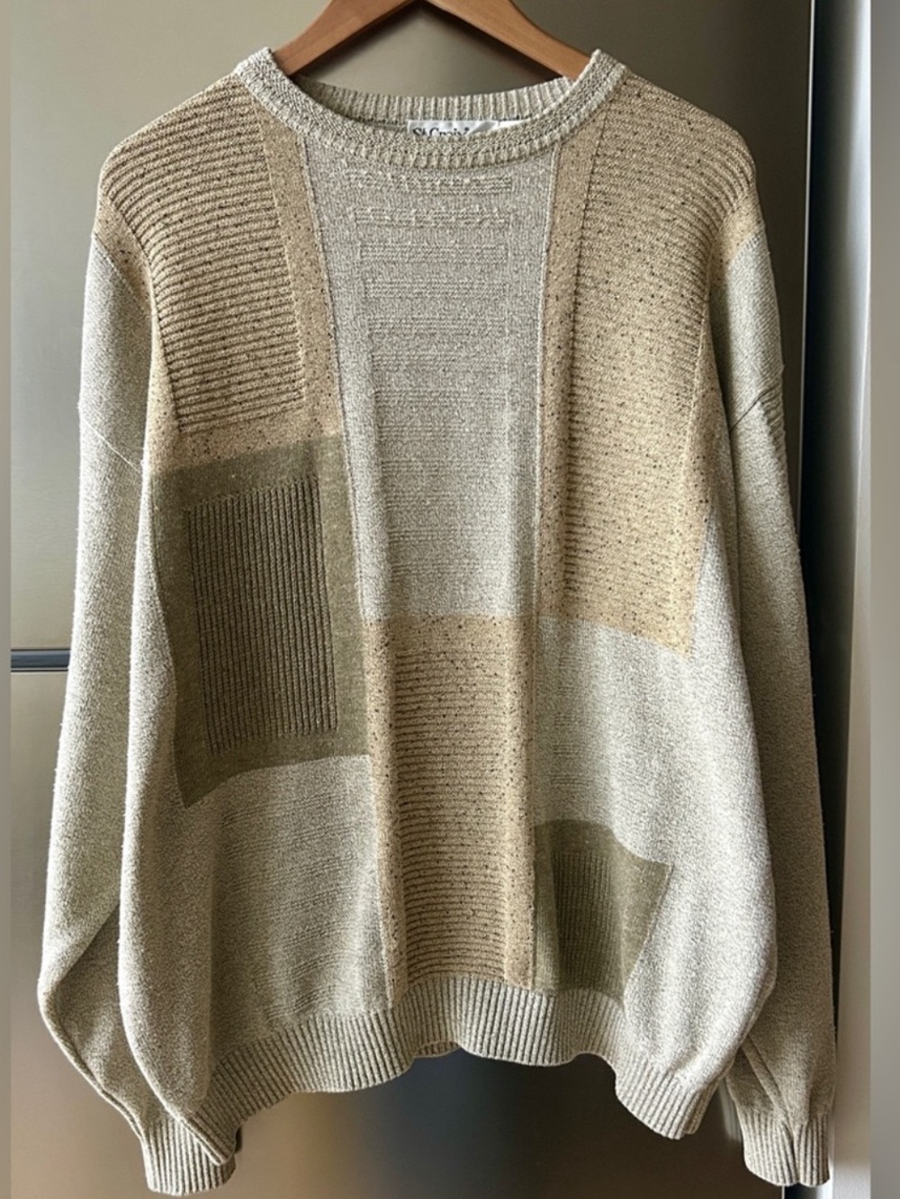 St. Croix Knits XL Cotton Textured Patchwork Sweater Neutral Beige